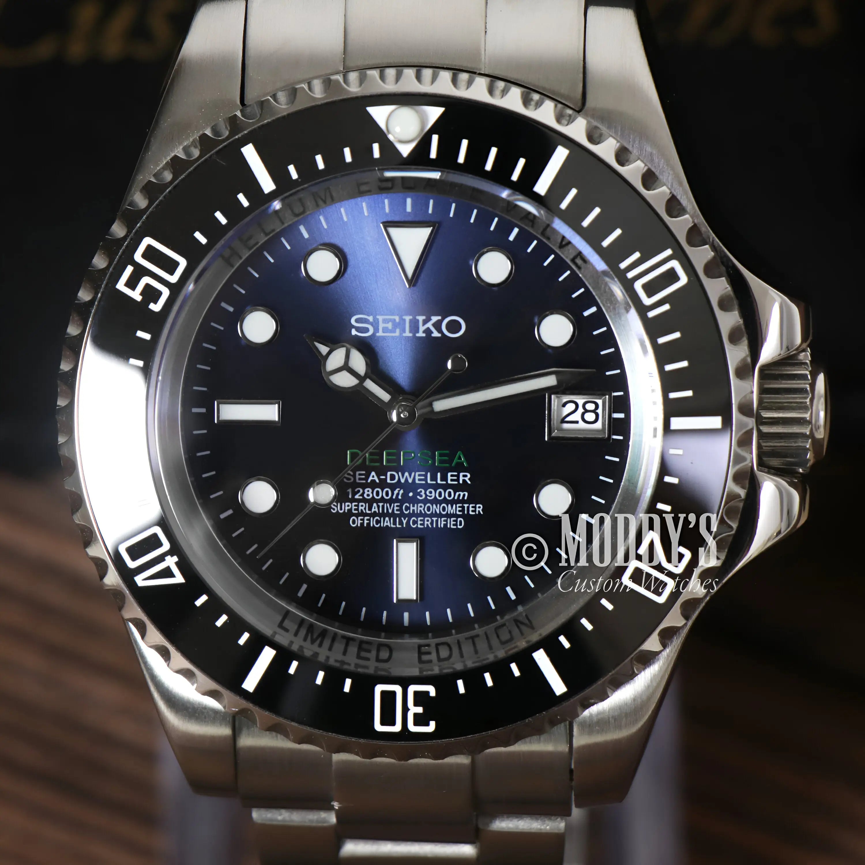 Seiko NH35 automatic mod Deepsea with blue dial and 316L steel
