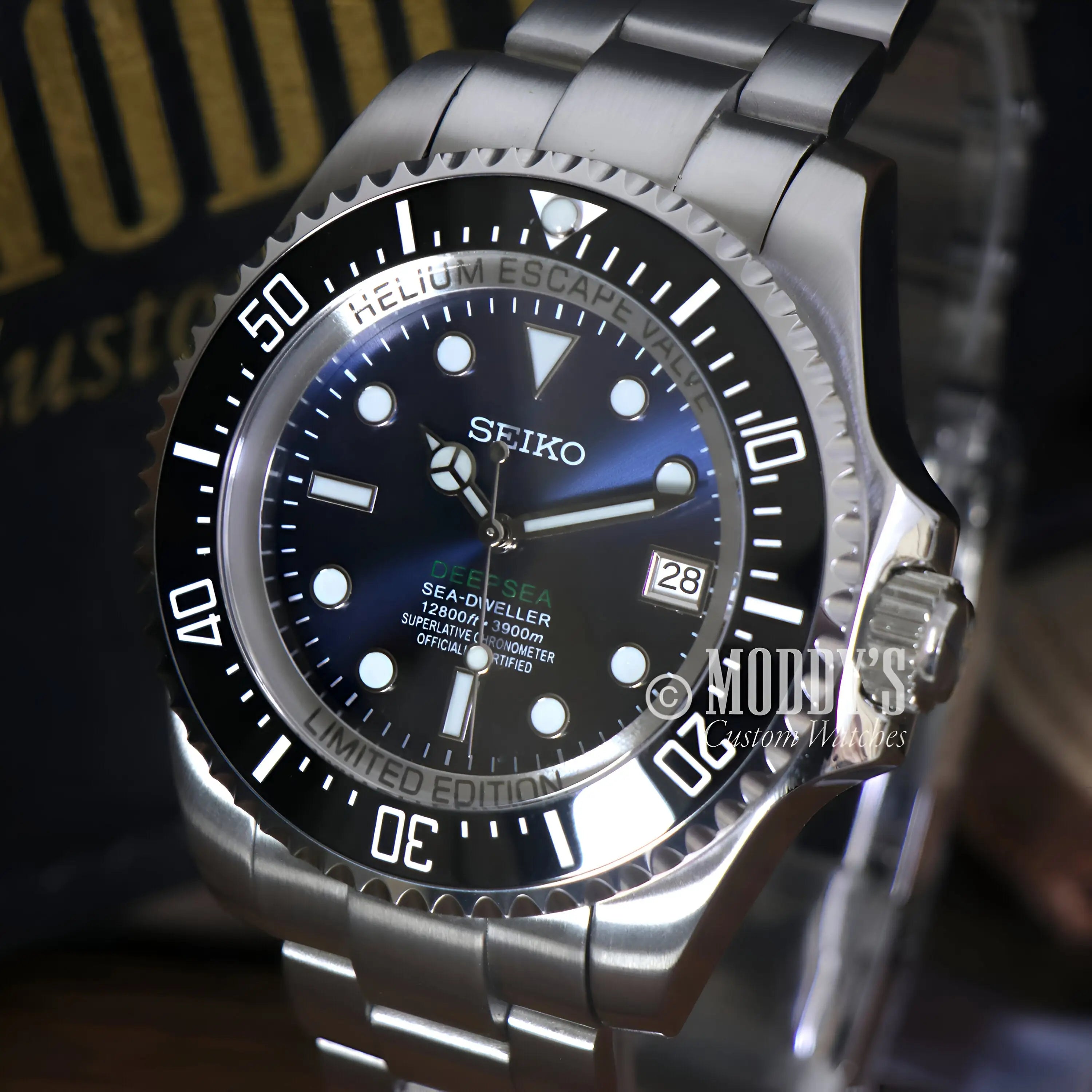 Seiko mod Deepsea NH35 automatic watch with black dial and 316L steel