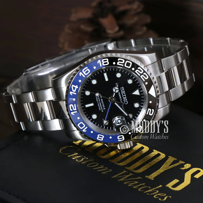 Seiko mod GMT watch with NH34 automatic movement, blue black dial, Batman