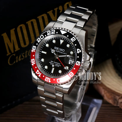 Seiko NH34 automatic Pepsi GMT watch with black dial and stainless steel bracelet