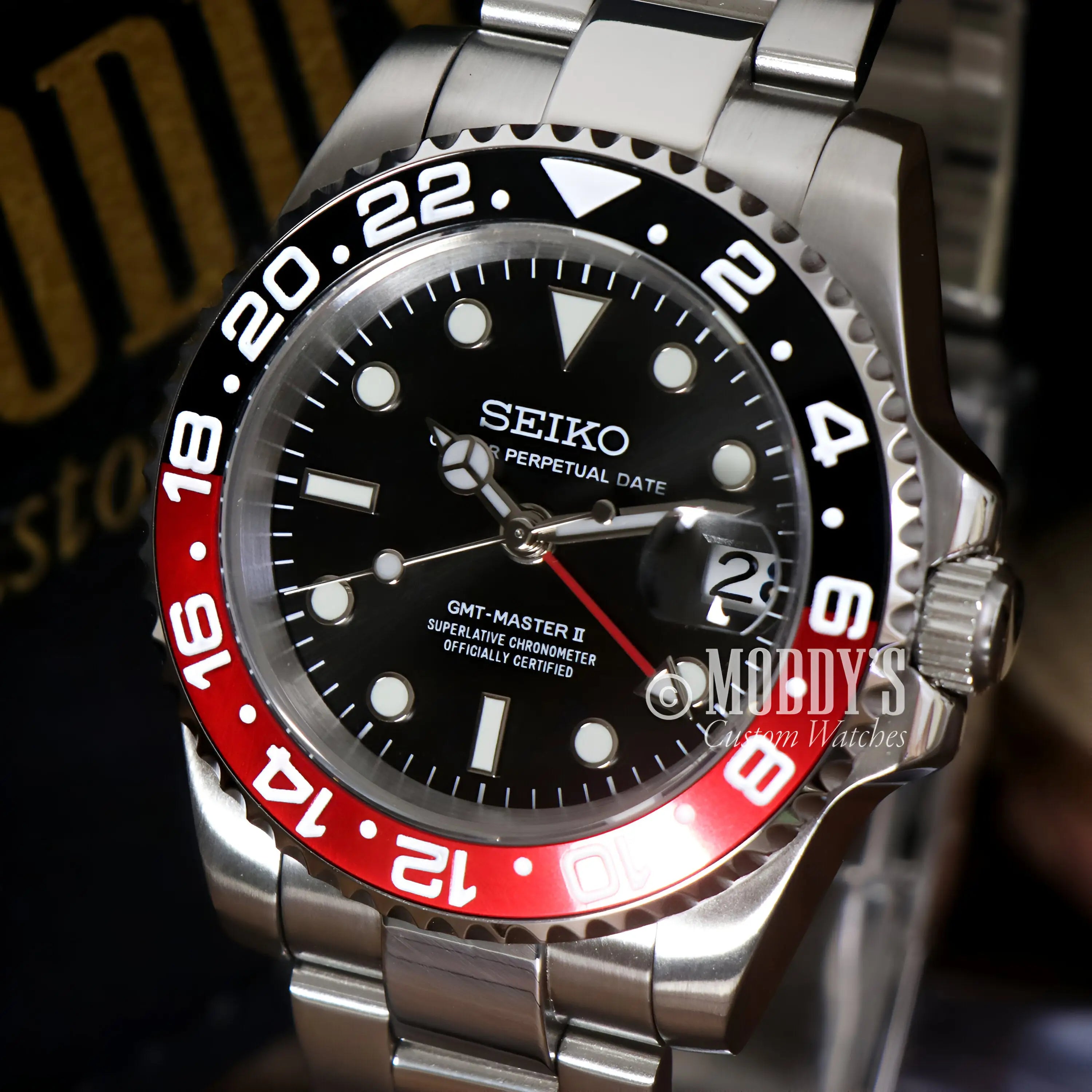 Seiko NH34 Automatic GMT Watch with Iconic Design, Black Dial, Coke Bezel, Stainless Steel Mod Band