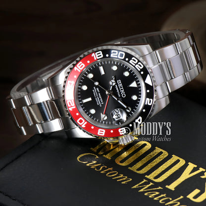 Seiko NH34 automatic GMT watch with black dial, red blue bezel, stainless steel mod