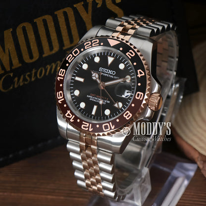 Seiko mod GMT with NH34 automatic movement, two-tone bracelet, black dial