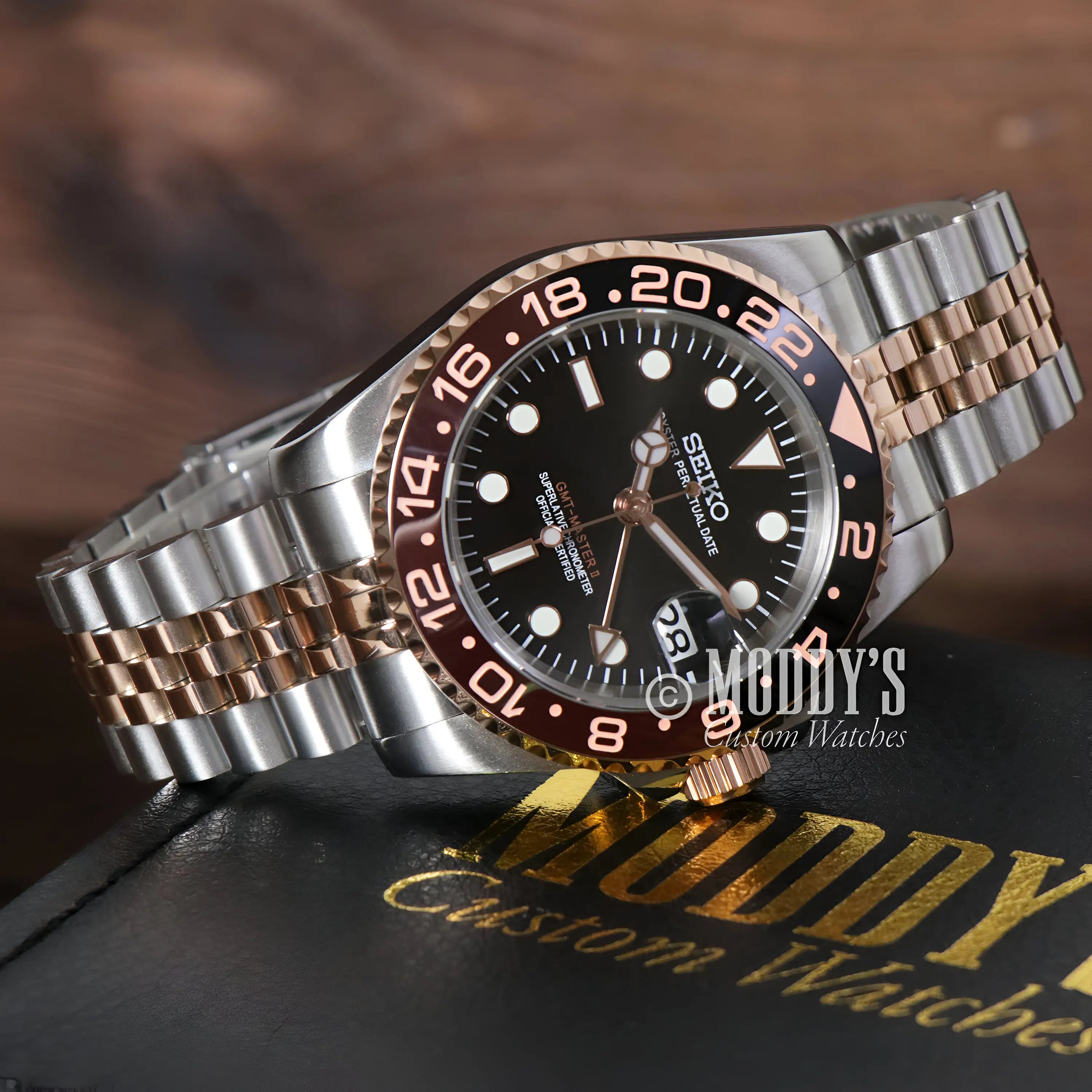 Seiko mod GMT with NH34 movement, two-tone Rootbeer design