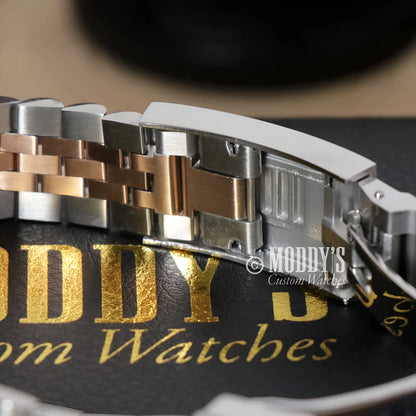 GMTeiko Rootbeer Rolex Datejust bracelet with rose gold, white gold, stainless steel links, Seiko mod GMT iconic GMT design