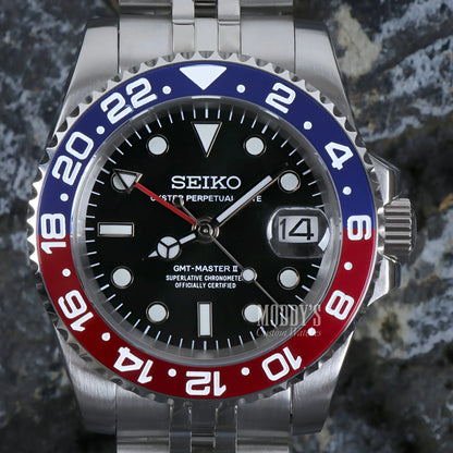 Seiko NH34 stainless steel GMT Pepsi mod with black dial, red blue bezel