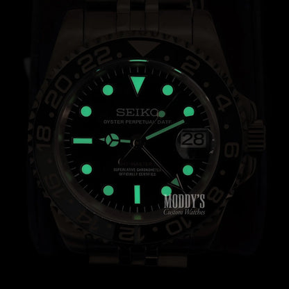 Seiko NH34 automatic mod GMT watch with green luminous hands, black dial