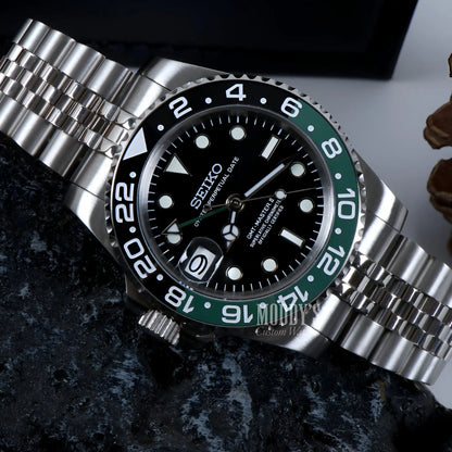 Seiko mod GMT watch with NH34 automatic movement, green bezel, black dial