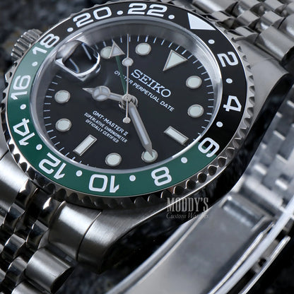 Seiko mod GMT NH34 automatic watch with black dial and green bezel