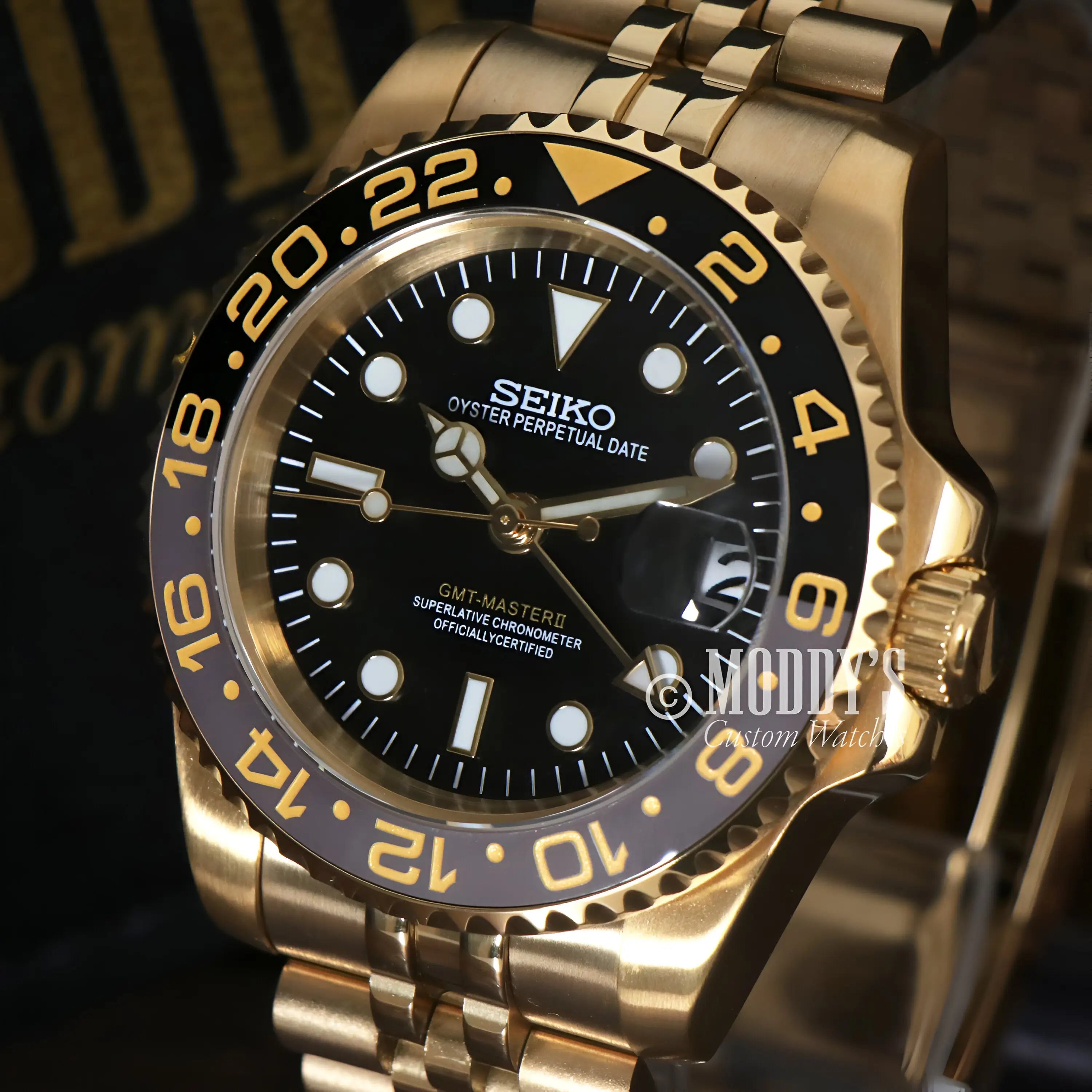 Gold and black Seiko mod GMT watch with NH34 automatic movement