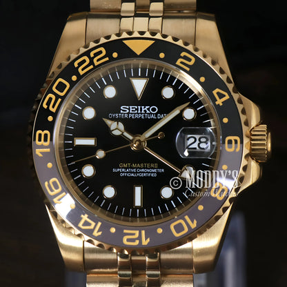 Gold Seiko Mod GMT watch with NH34 automatic movement, black dial, bezel, date window
