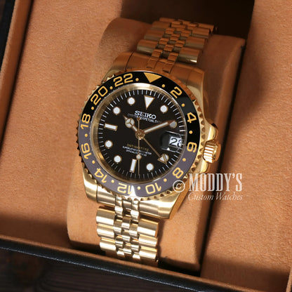 Gold Seiko Mod GMT watch with black dial, bezel, NH34 automatic movement