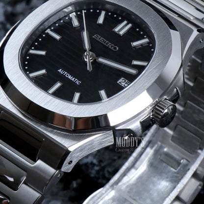 Seiko mod Nautilus black dial NH35 automatic watch in 904L steel