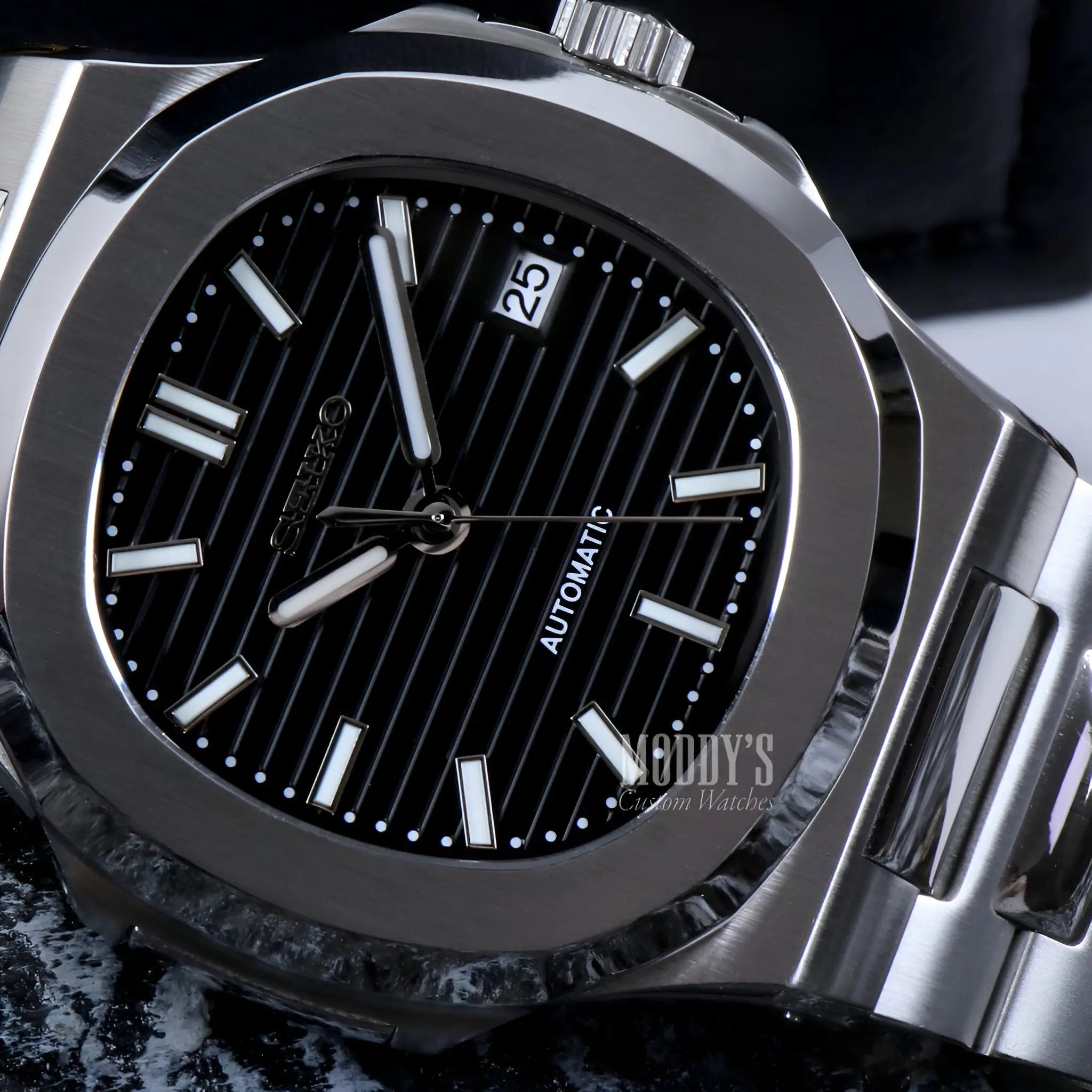 Nautiko Black Seiko mod Nautilus watch with NH35 movement