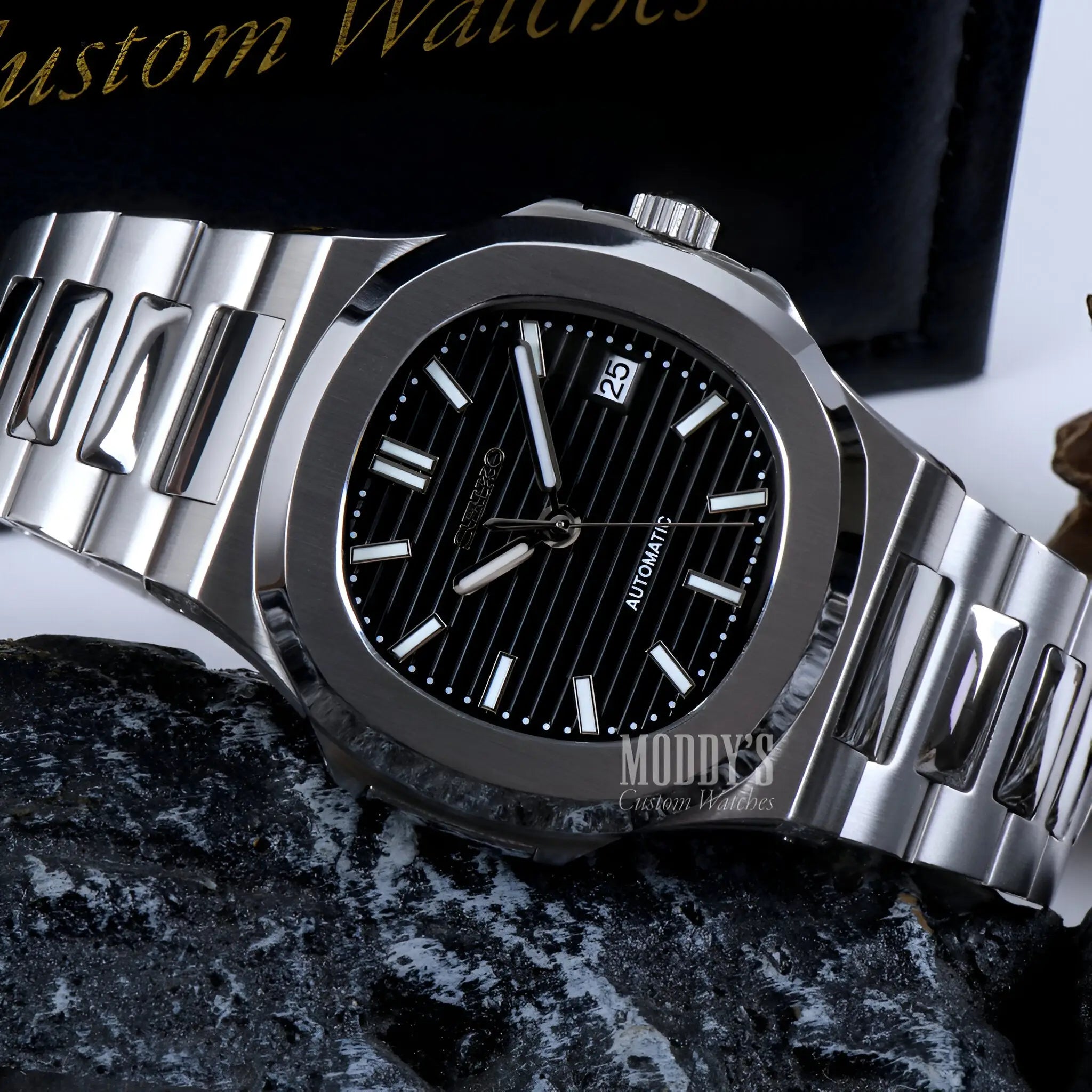 Classic Nautiko Black Seiko mod Nautilus watch with NH35 movement