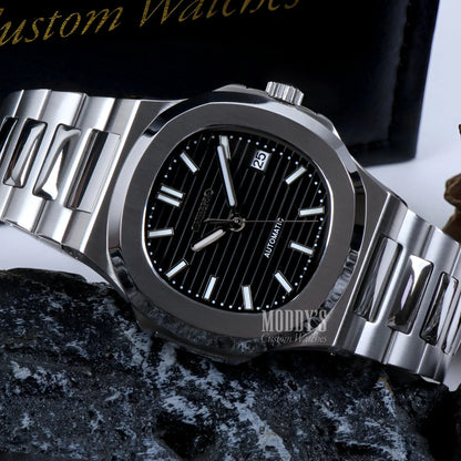 Classic Nautiko Black Seiko mod Nautilus watch with NH35 movement