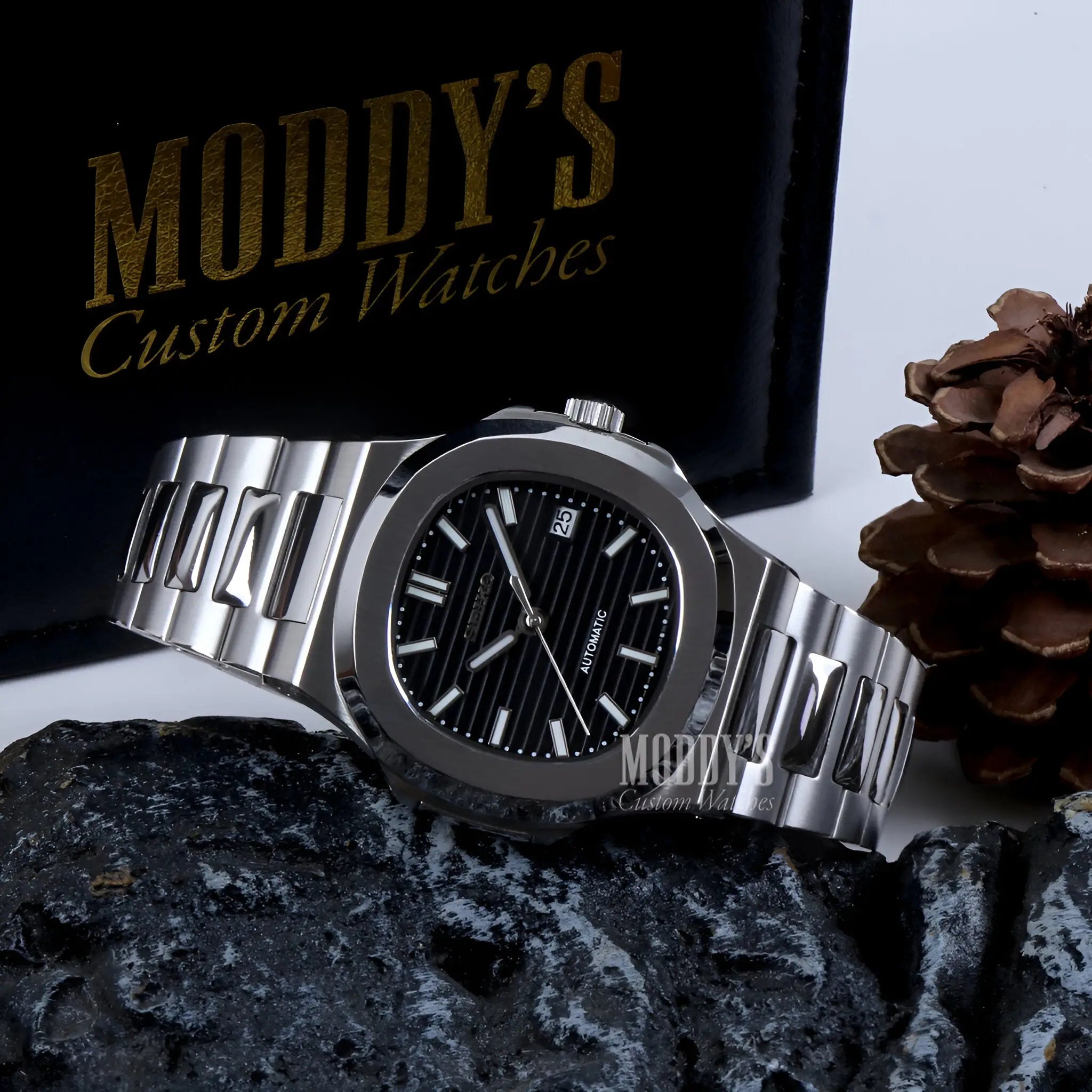 Nautiko Black Seiko Mod Nautilus watch with silver case, black dial, date window, NH35 automatic movement, 904L stainless steel