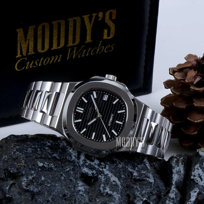 Nautiko Black Seiko Mod Nautilus watch with silver case, black dial, date window, NH35 automatic movement, 904L stainless steel