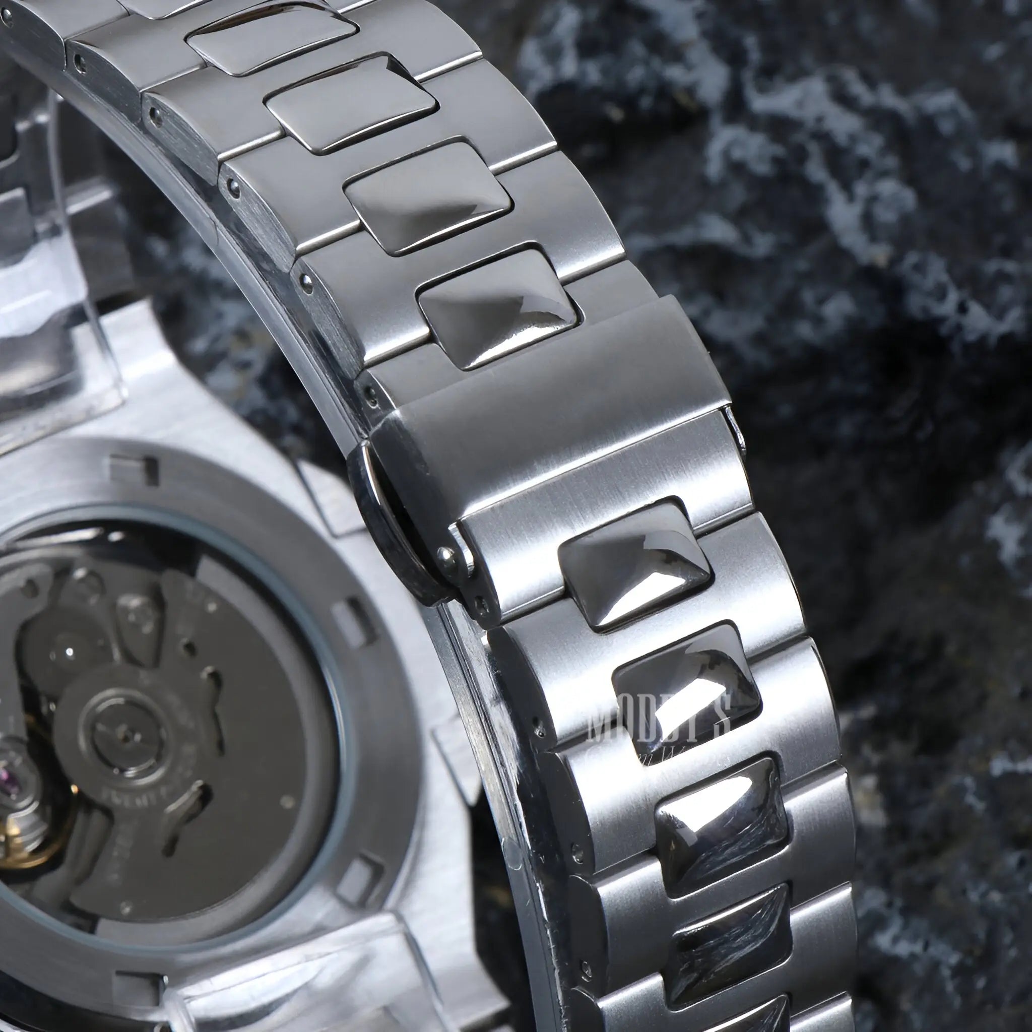 Seiko mod Nautilus black open movement with 904L stainless steel band