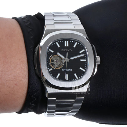 Seiko NH38 automatic mod Nautilus with black dial and 904L steel bracelet