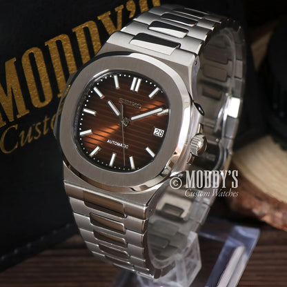 Seiko mod Nautilus watch with brown dial, NH35 automatic movement