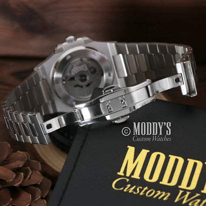 Sleek silver Seiko NH35 automatic Nautilus mod watch in brown