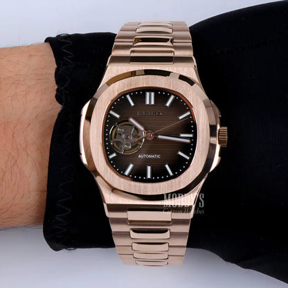 Rose gold Patek Philippe Nautilus watch with brown dial and NH38 automatic movement