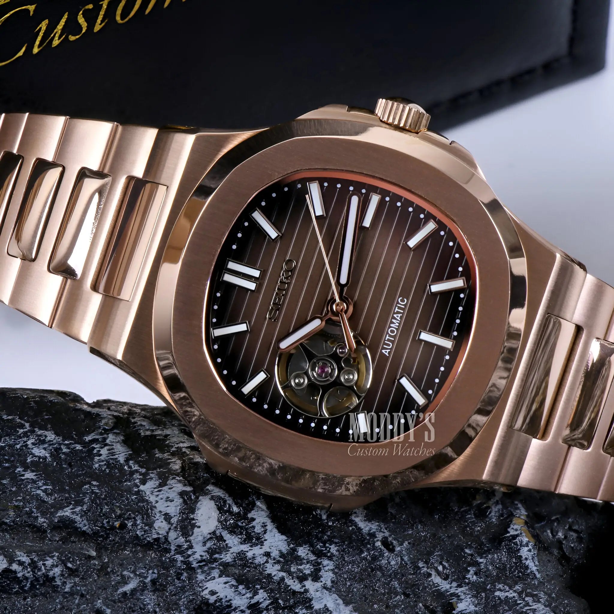 Nautiko Rose Gold Chocolate Open Heart Seiko mod Nautilus watch