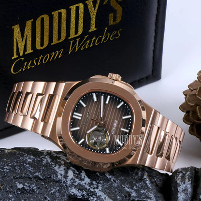 Rose gold Nautiko watch with black dial, NH38 automatic movement