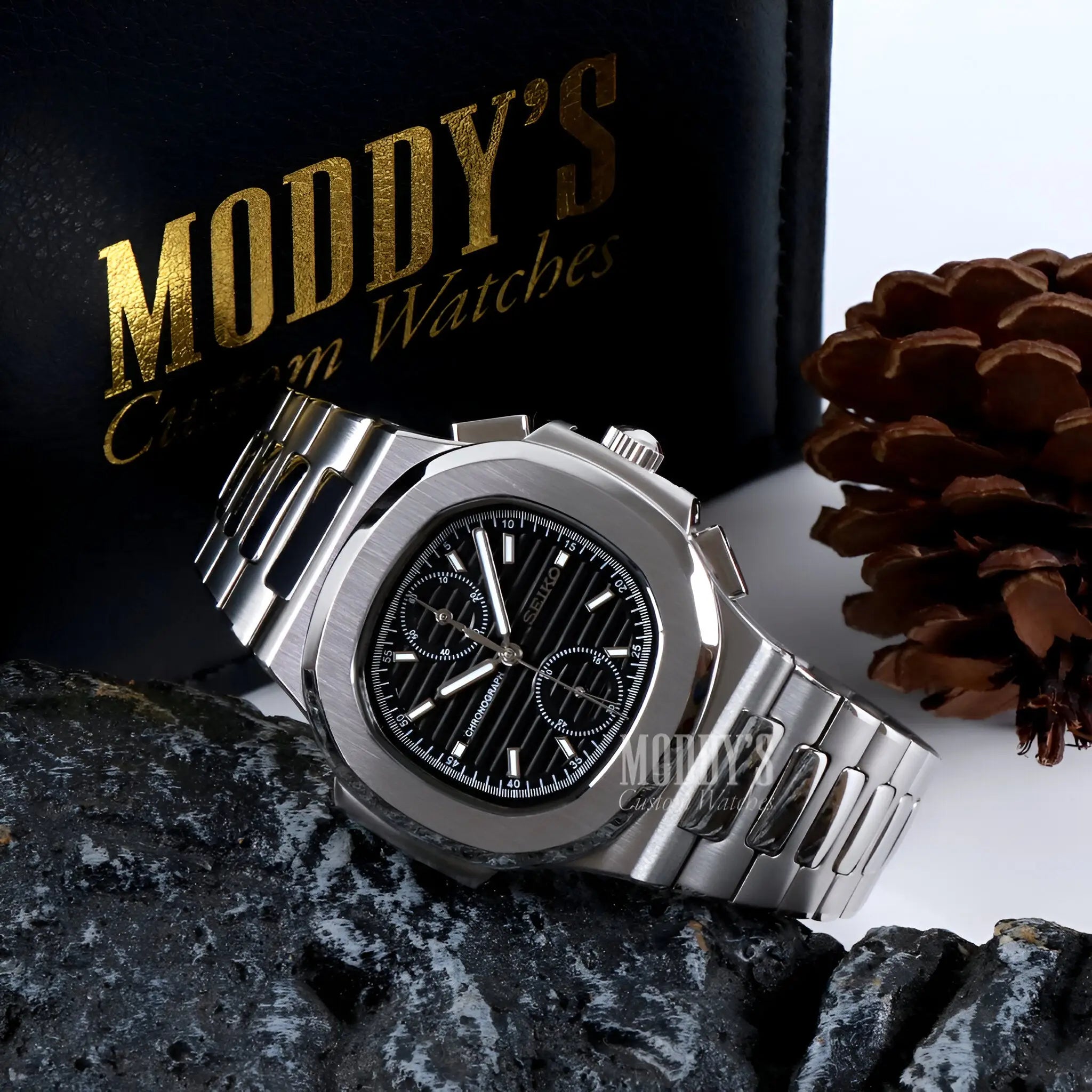 Nautiko Chrono Black seiko mod nautilus watch with 904L steel band