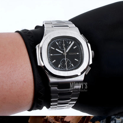 Seiko mod Nautilus chronograph with black face and 904L steel band