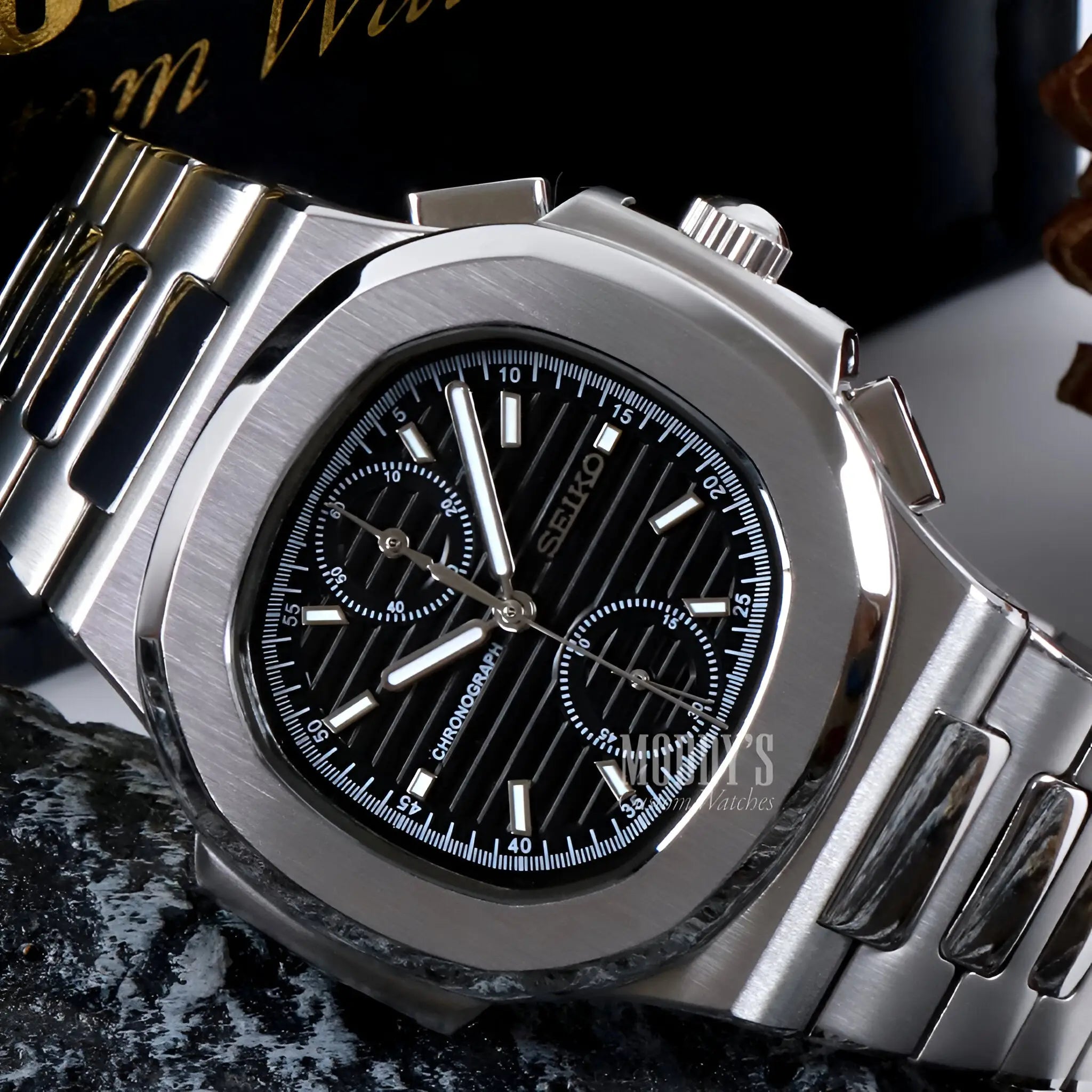 Nautiko Chrono Black Seiko mod Nautilus watch with 904L steel band