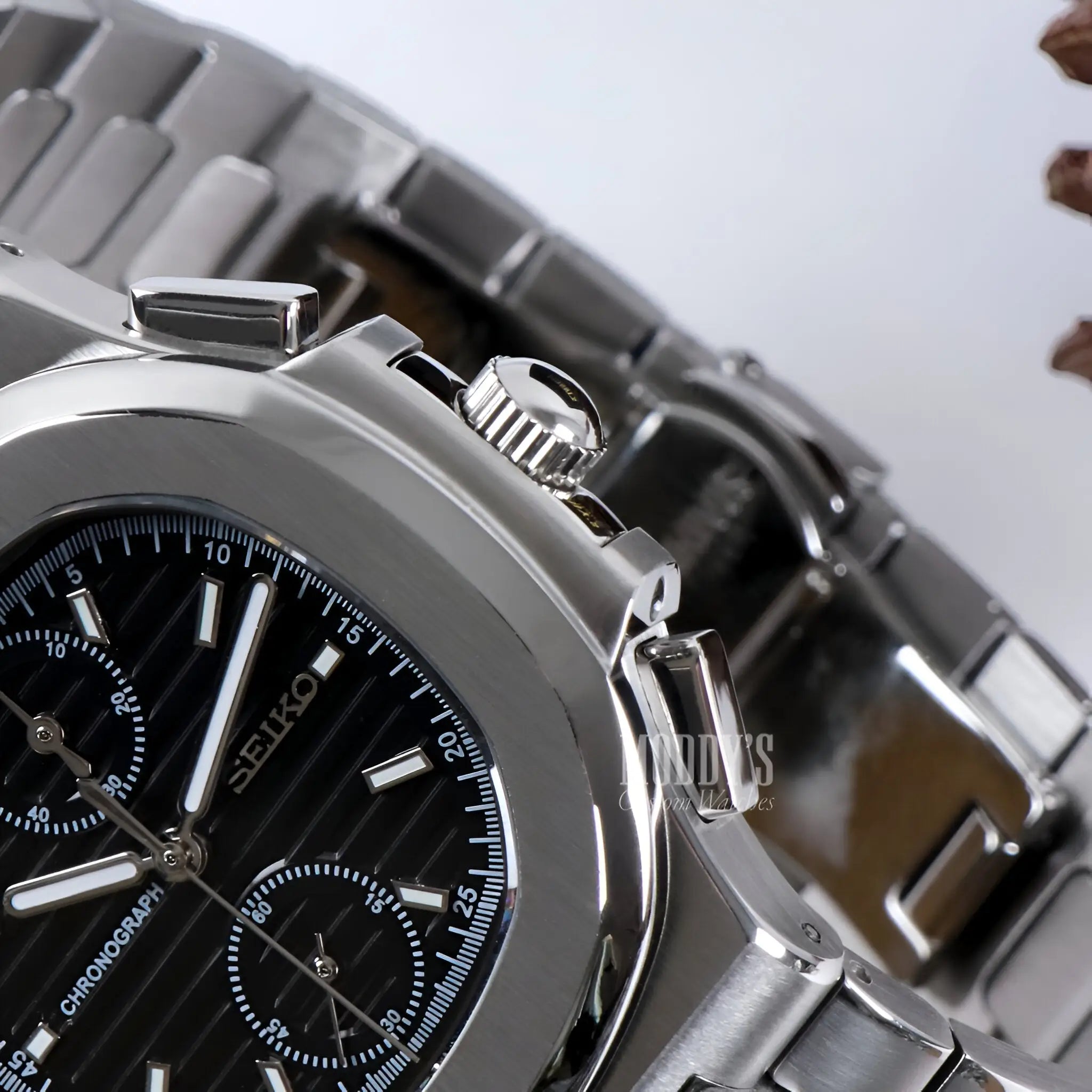 Seiko Nautiko Chrono Black watch with black dial and 904L steel bracelet