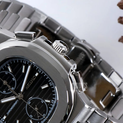 Seiko Nautiko Chrono Black watch with black dial and 904L steel bracelet