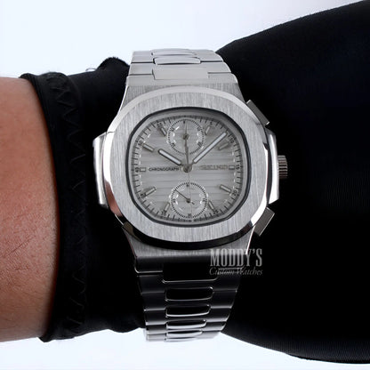 Nautiko Chrono White Seiko mod Nautilus watch with 904L steel band