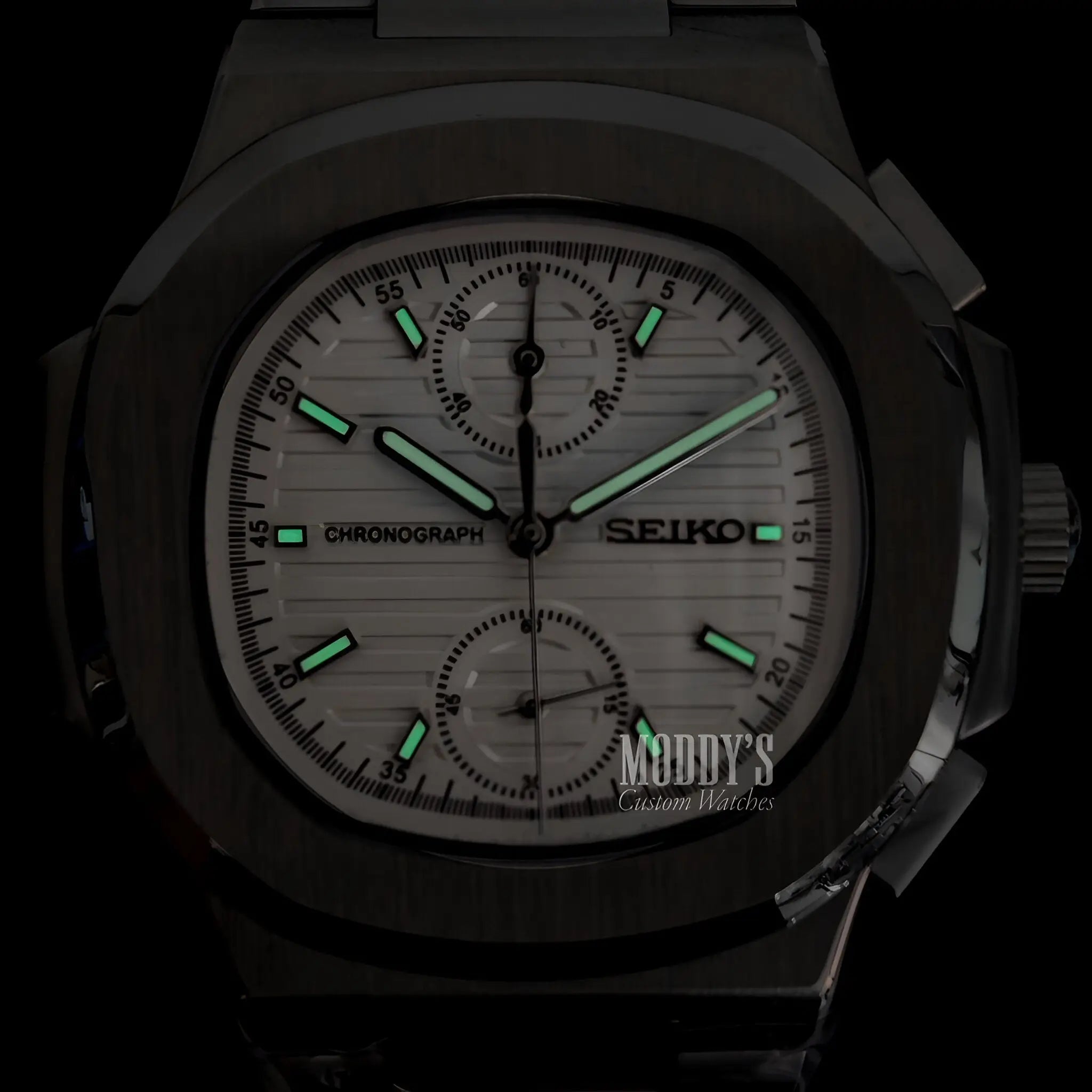 Seiko Nautiko Chrono White mod Nautilus watch with VK61 hybrid, 904L steel case and green accents