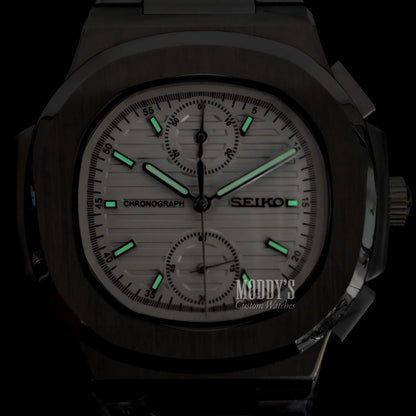 Seiko Nautiko Chrono White mod Nautilus watch with VK61 hybrid, 904L steel case and green accents