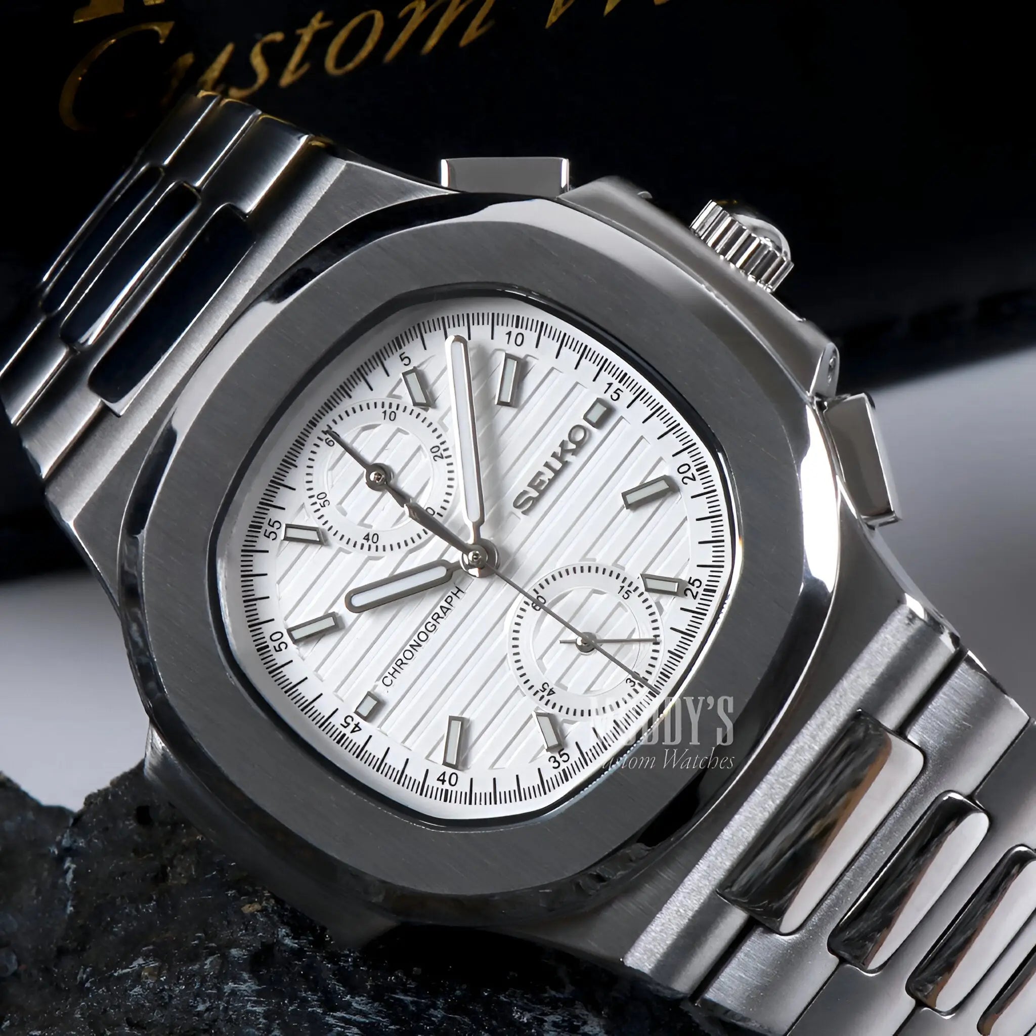 Nautiko Chrono White Seiko mod Nautilus chronograph watch with white dial