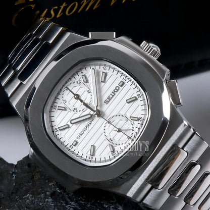 Nautiko Chrono White Seiko mod Nautilus chronograph watch with white dial