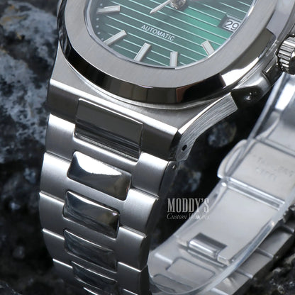 Nautiko Metallic Green Seiko mod Nautilus watch with NH35 movement