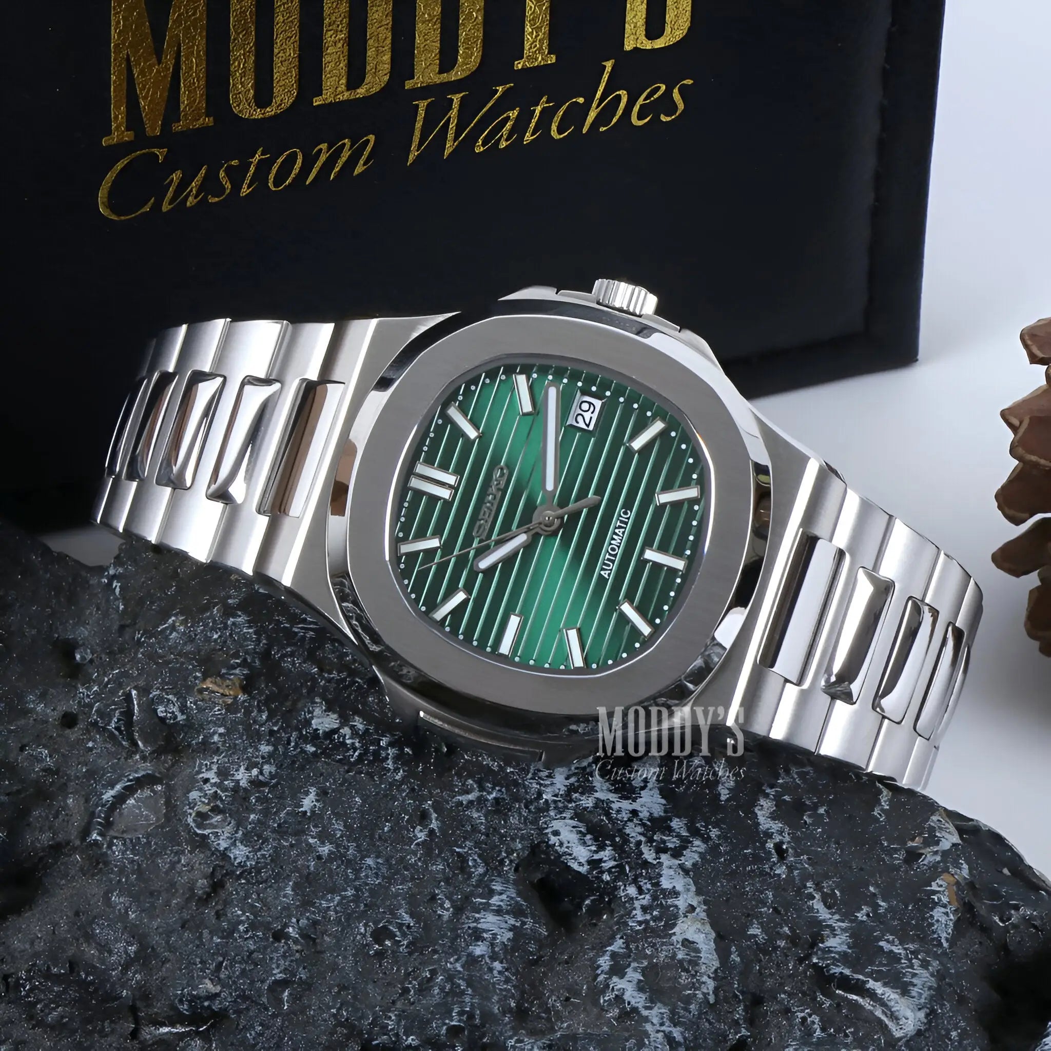 Nautiko Metallic Green Seiko Mod Nautilus watch with NH35 movement
