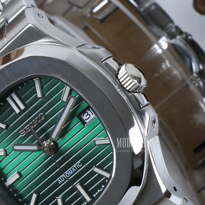 Green Seiko mod Nautilus watch with NH35 automatic movement
