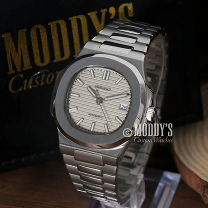 Silver Patek Philippe Nautilus watch with Seiko NH35 automatic movement