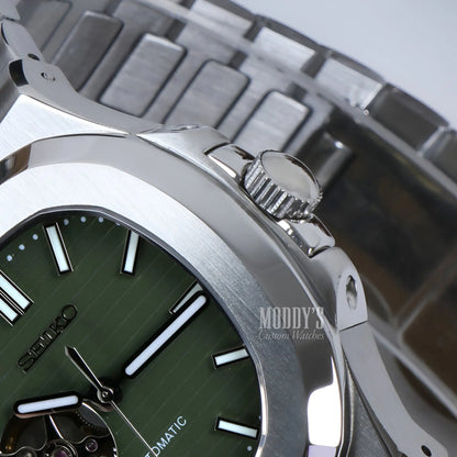 Seiko NH38 automatic movement in Nautiko Olive Green Open watch