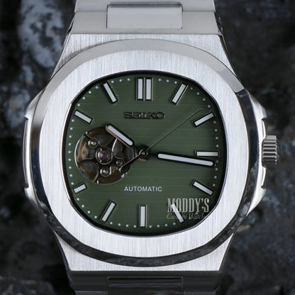 Seiko NH38 automatic Nautiko Olive Green open movement watch