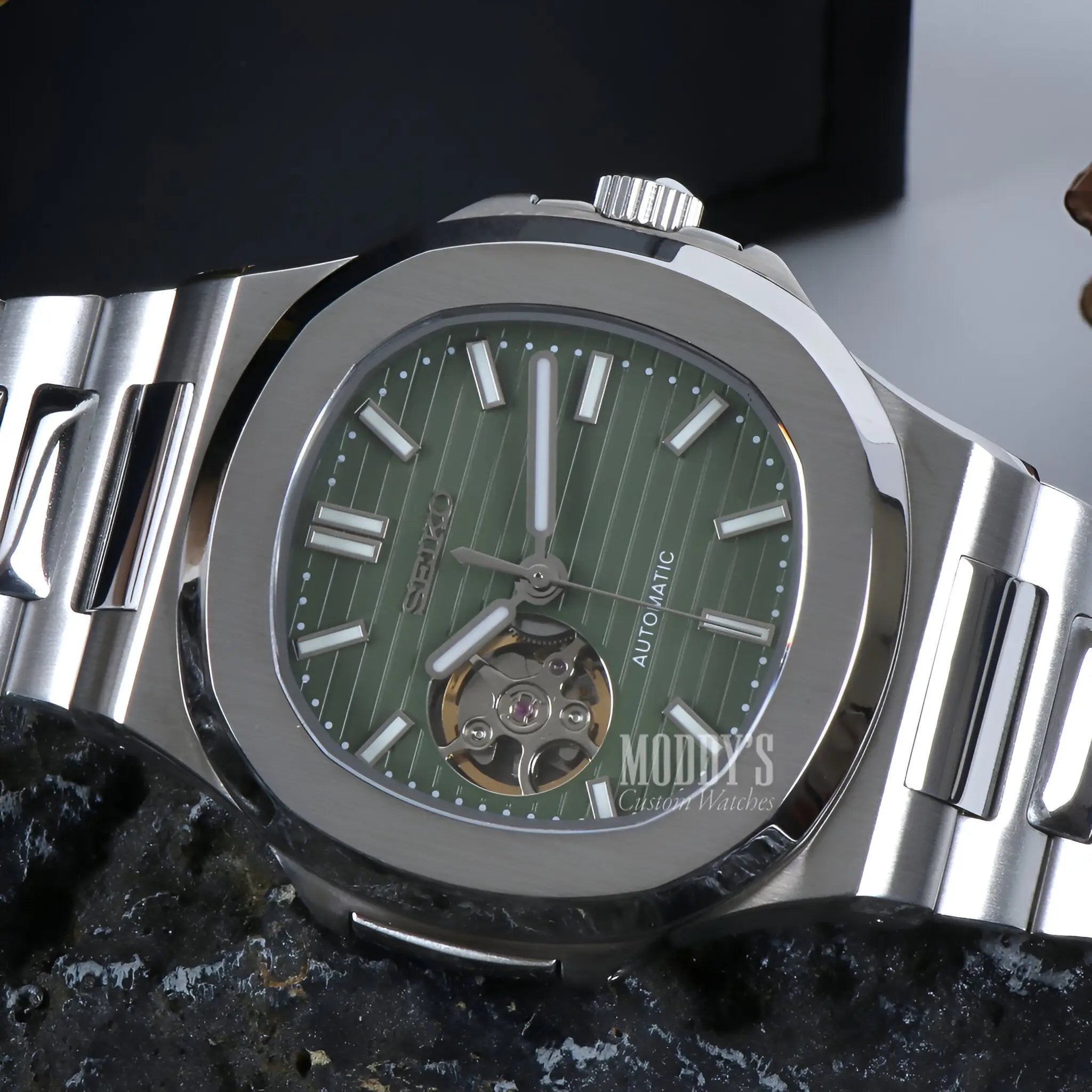 Seiko mod Nautilus with olive green open NH38 tourbillon