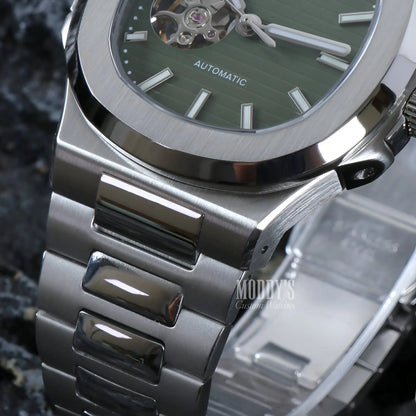 Stainless steel Seiko mod Nautilus with olive green open NH38 movement