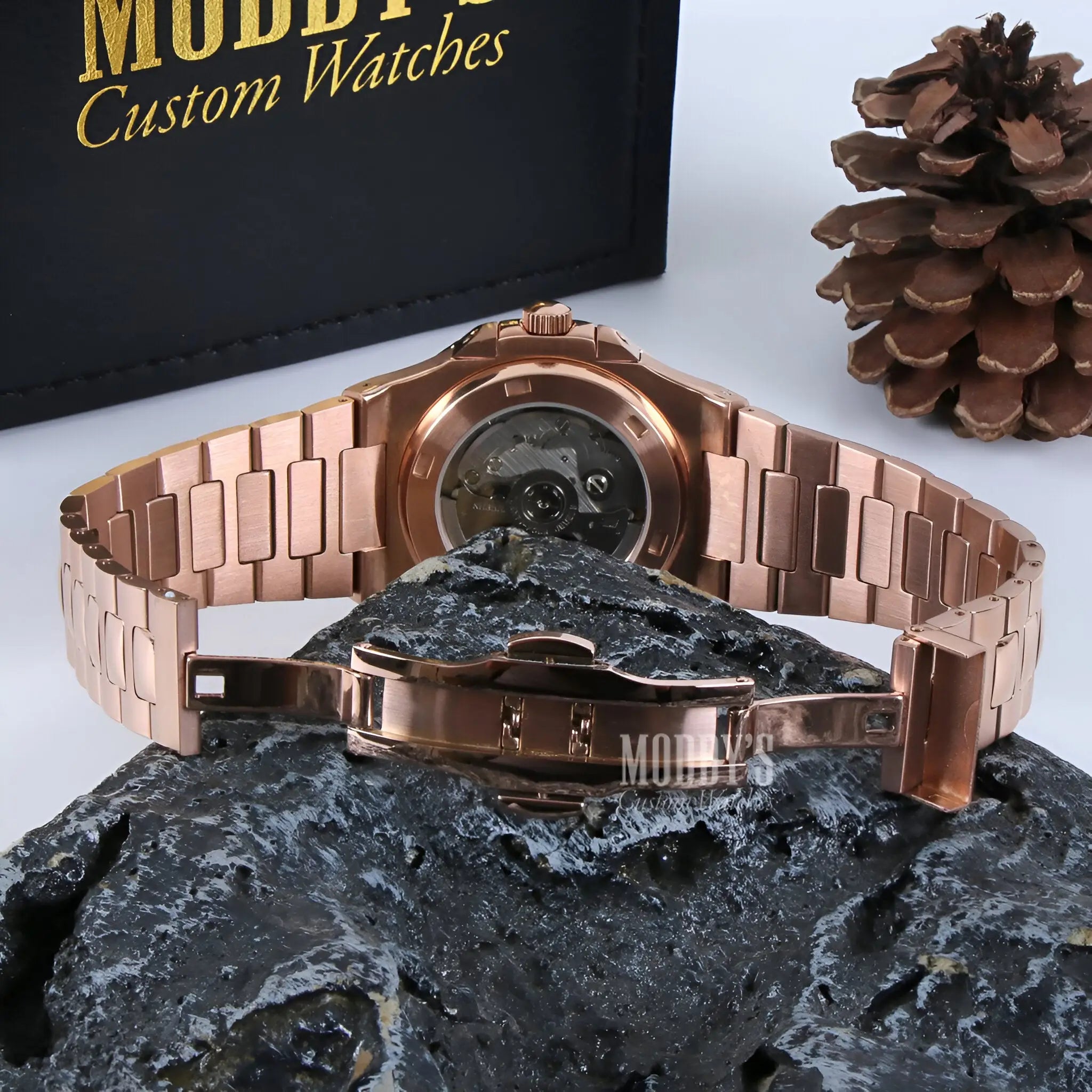 Nautiko Arabic Rose Gold Seiko Mod Nautilus watch with transparent face