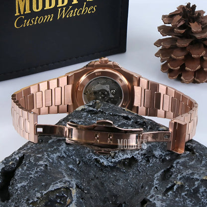 Nautiko Arabic Rose Gold Seiko Mod Nautilus watch with transparent face