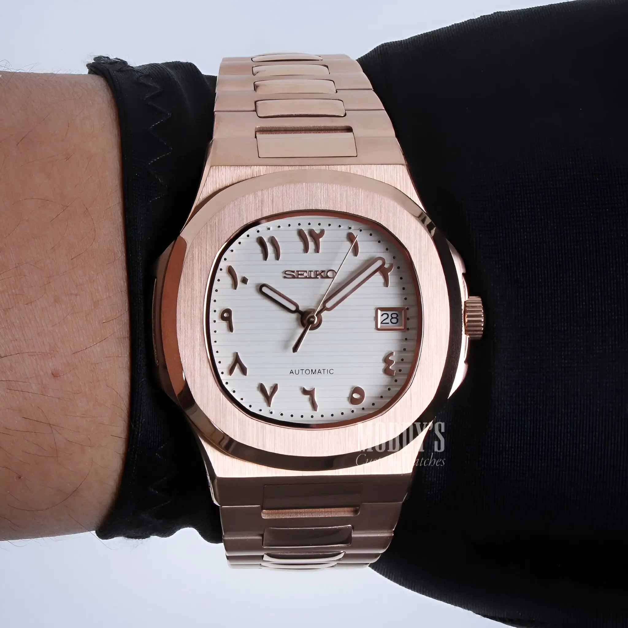 Nautiko Arabic Rose Gold Seiko mod Nautilus watch with white dial and NH35 automatic movement